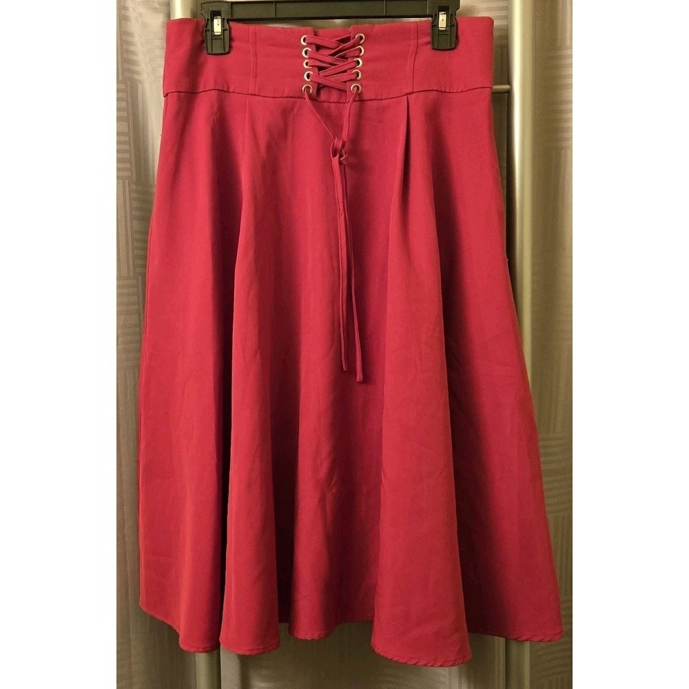 Belle Poque Solid Red‎ Skirt M Medium A-Line Flare Midi Knee Length Laced